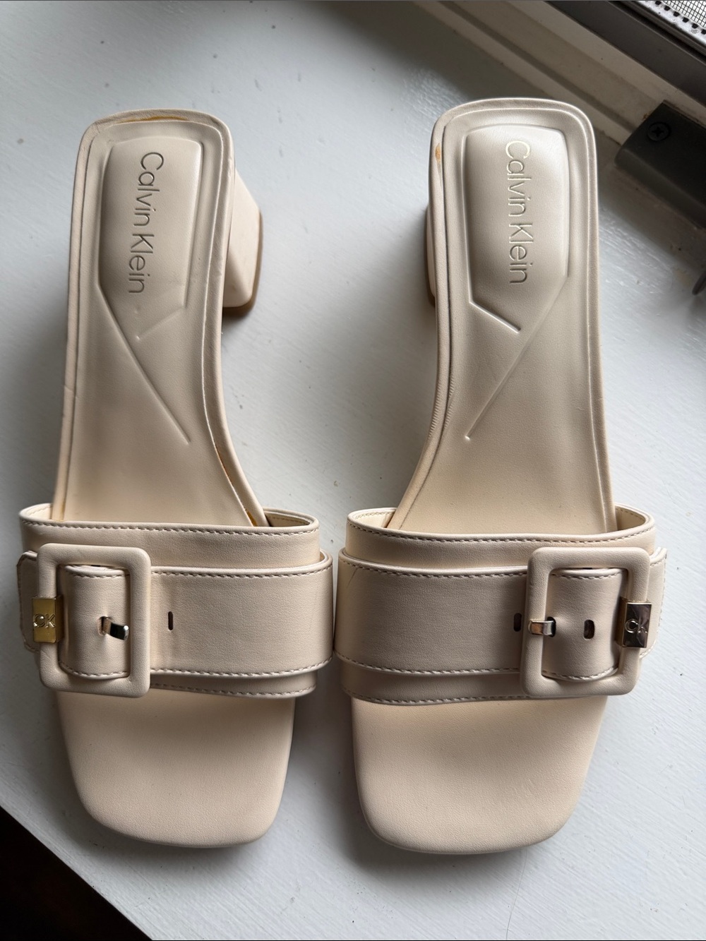 Calvin Klein Cream Buckle Square-Toe Slide Mules